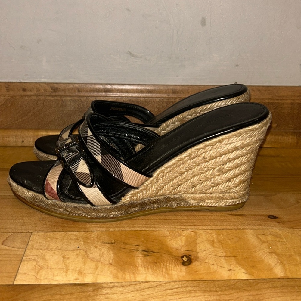 Burberry Black Patent Leather Nova Check Canvas Espadrille Wedge Sandal Size 36 - Picture 4 of 6